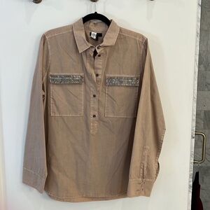 J. Crew beaded chevron poplin top shirt 14 blush/tan